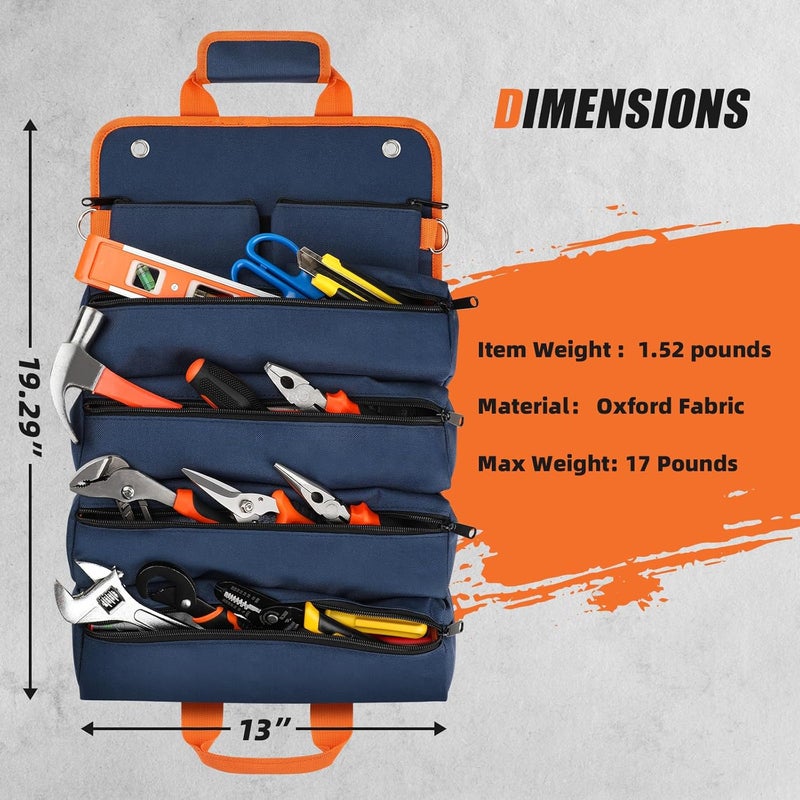 UUP Tool Bag Roll Up, Heavy Duty Rolled Empty Tool Storage Organization, Portable Foldable Rollup Organizer with 2 Small Pouches, Rollable Carrying Toolbag, Dad Men Mechanic Birthday Gift, Blue Orange - Image 3